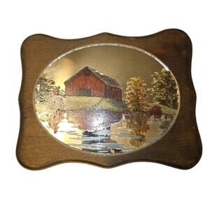 Vtg 70s MCM Hand Painted Mirror Barn Scene Wood Artist Signed Ann Todd Country